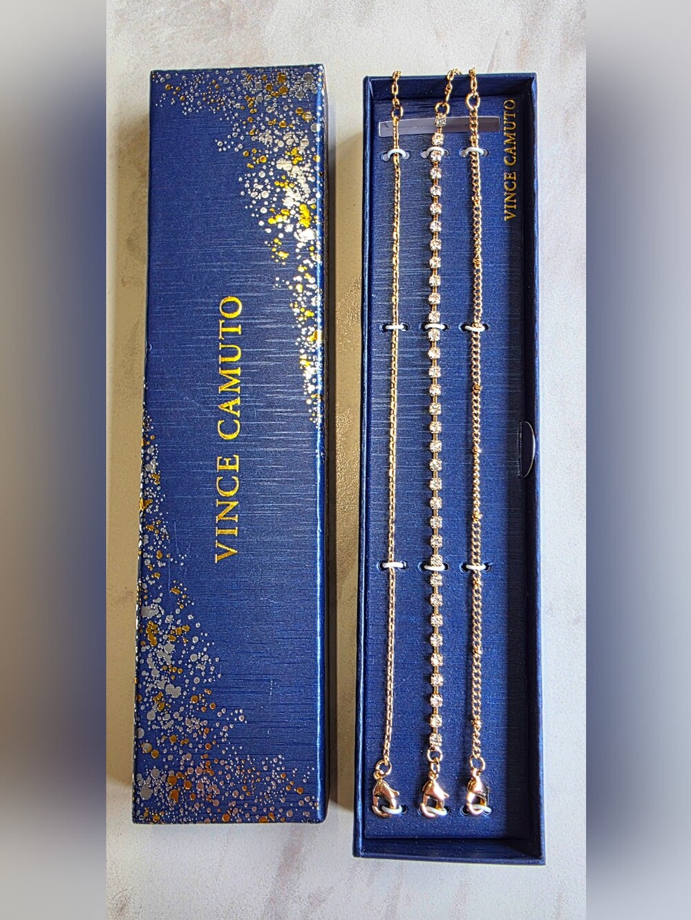 Vince Camuto 3Pc Bracelet Set Gold Tone Rhinestone Tennis Cable Chain 8" NIB